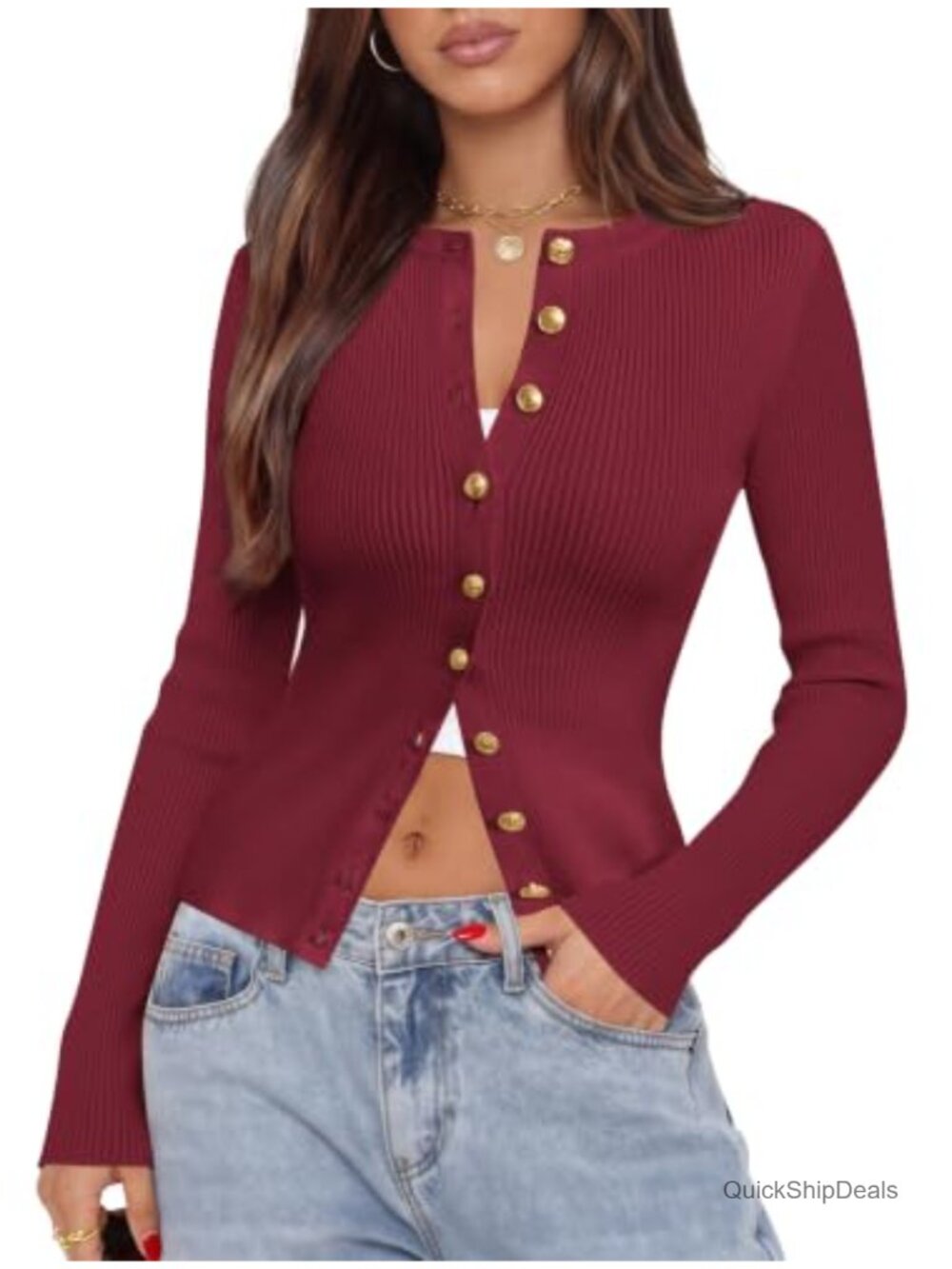 Button Up Cardigan Sweater Gold Button Long Sleeve Ribbed Knit Fall Top